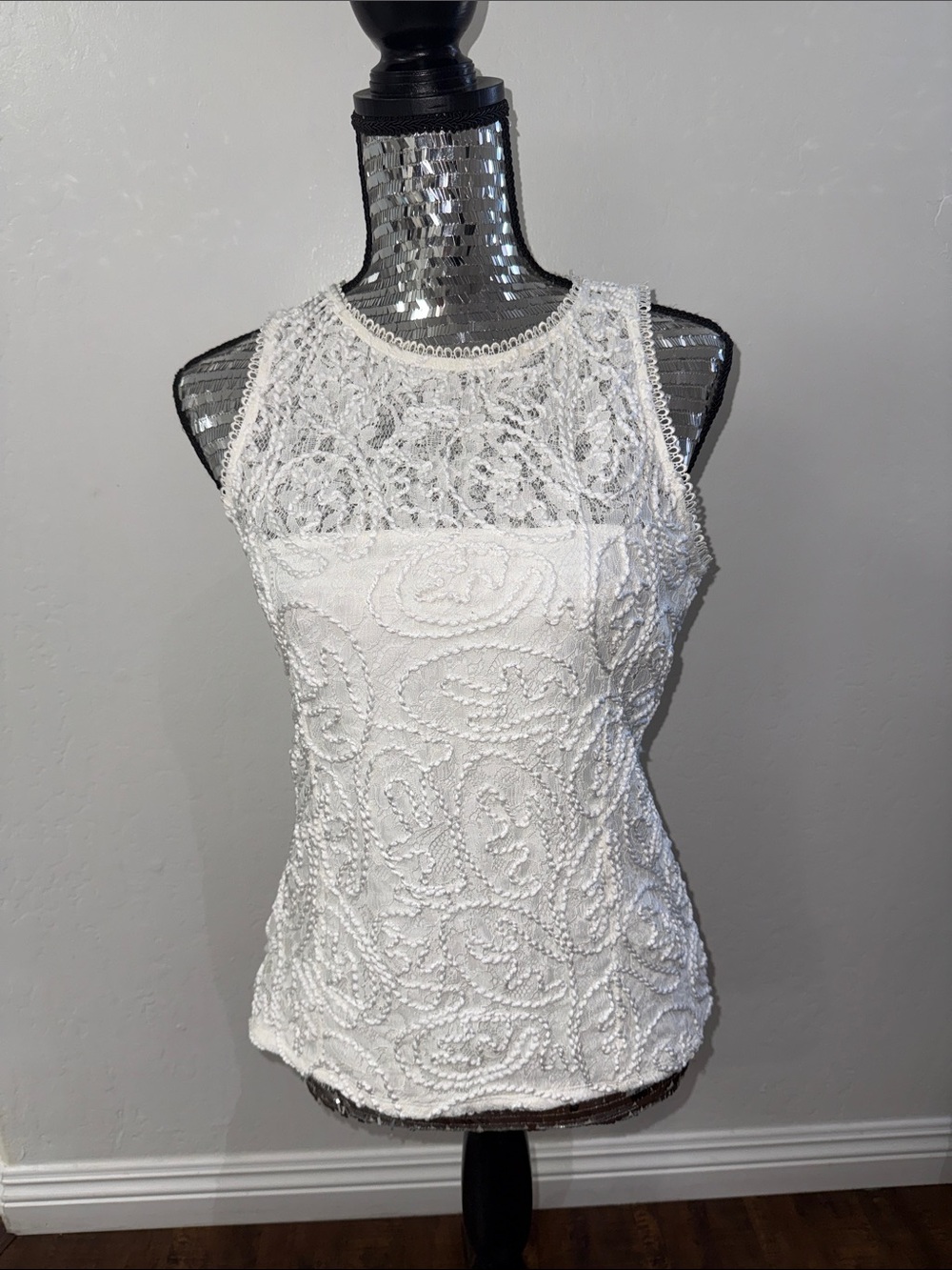 White House Black Market White Beaded Lace Overlay Camisole